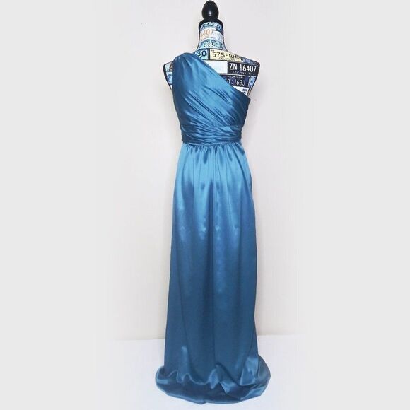 AMSALE Charmeuse One Shoulder Long Formal Maxi Dress 4 Turquoise Pacific Blue - Picture 6 of 13